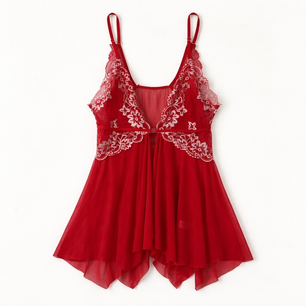 Red Mesh Babydoll Slip Dress White Lace‎ anything but simple Whimsigoth